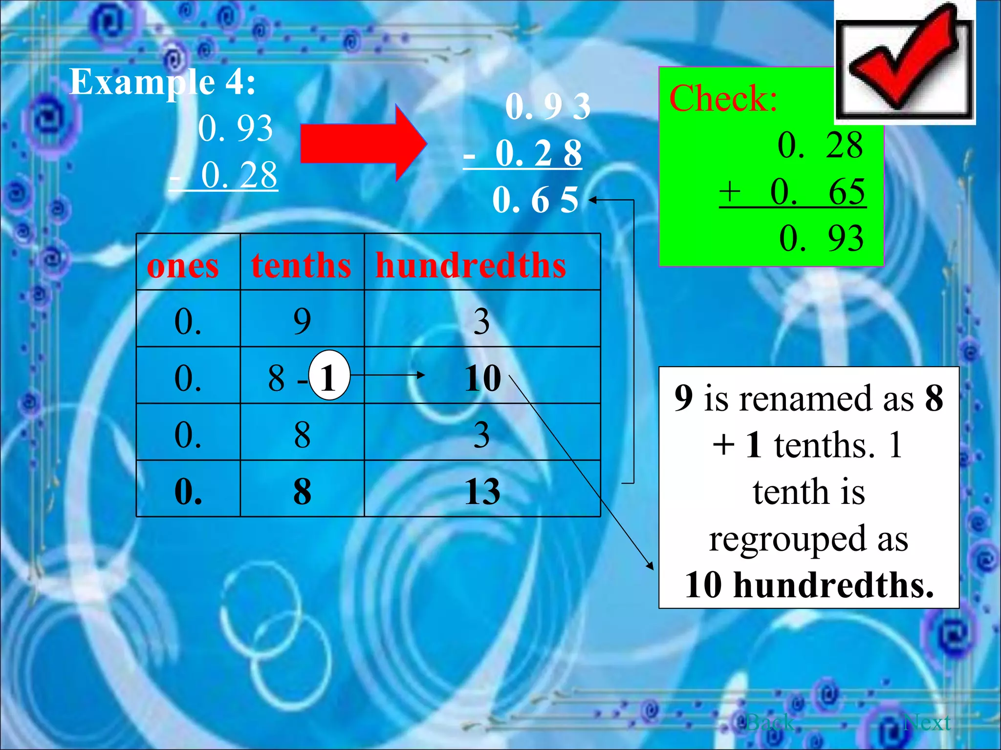 Example 4:   0. 93 -  0. 28   9  is renamed as  8 + 1  tenths. 1 tenth is regrouped as 10 hundredths.   0. 9 3 -  0. 2 8 0. 6 5   Check:  0.  28 +  0.  65   0.  93 Back Next ones tenths hundredths 0. 9 3 0. 8 -  1 10 0. 8 3 0. 8 13 