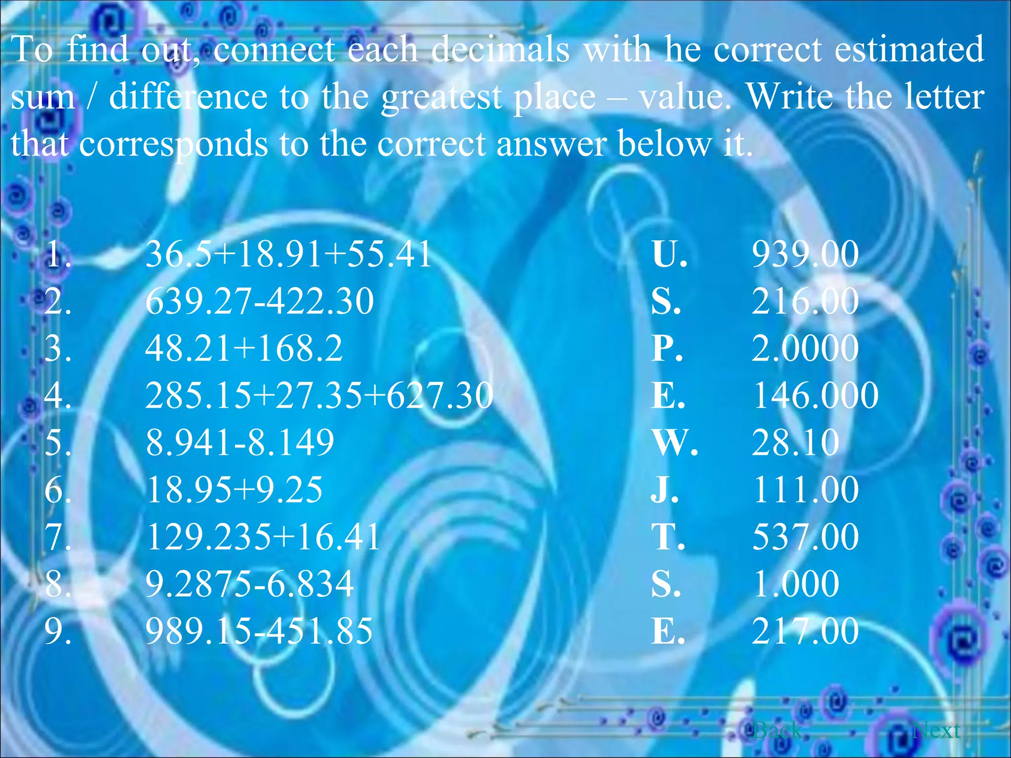 To find out, connect each decimals with he correct estimated sum / difference to the greatest place – value. Write the letter that corresponds to the correct answer below it. 1. 36.5+18.91+55.41 U. 939.00 2. 639.27-422.30 S. 216.00 3. 48.21+168.2 P. 2.0000 4. 285.15+27.35+627.30 E. 146.000 5. 8.941-8.149 W. 28.10 6. 18.95+9.25 J. 111.00 7. 129.235+16.41 T. 537.00 8. 9.2875-6.834 S. 1.000 9. 989.15-451.85 E. 217.00 Back Next 