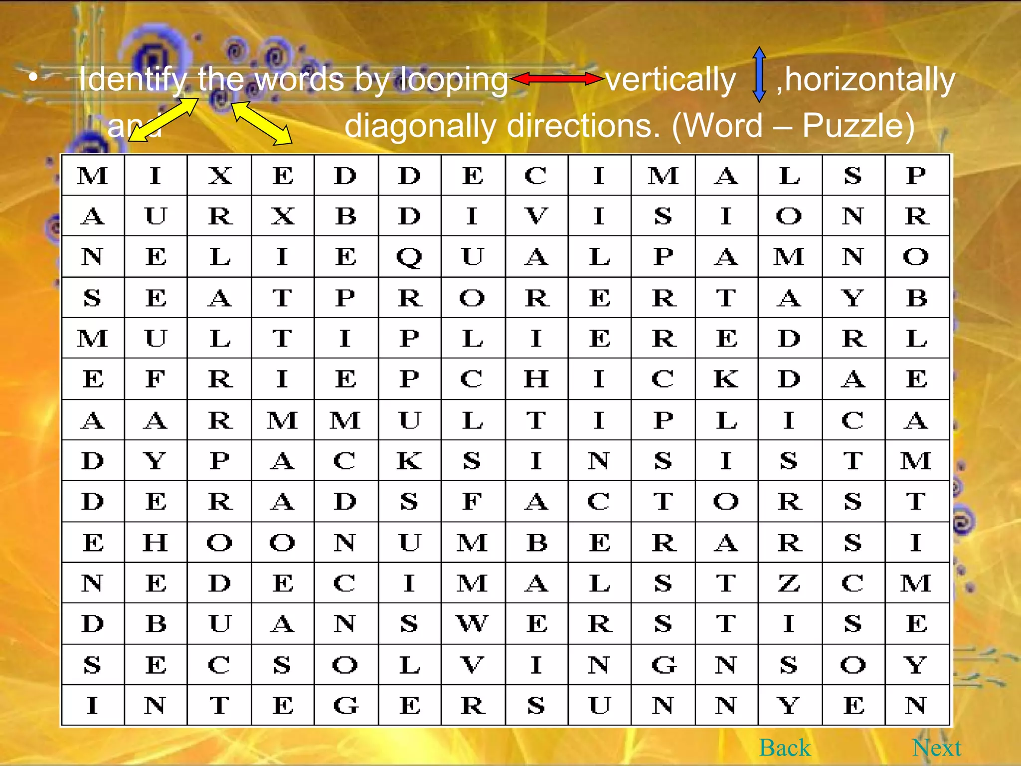 Identify the words by looping  vertically  ,horizontally  and  diagonally directions. (Word – Puzzle)   Back Next 