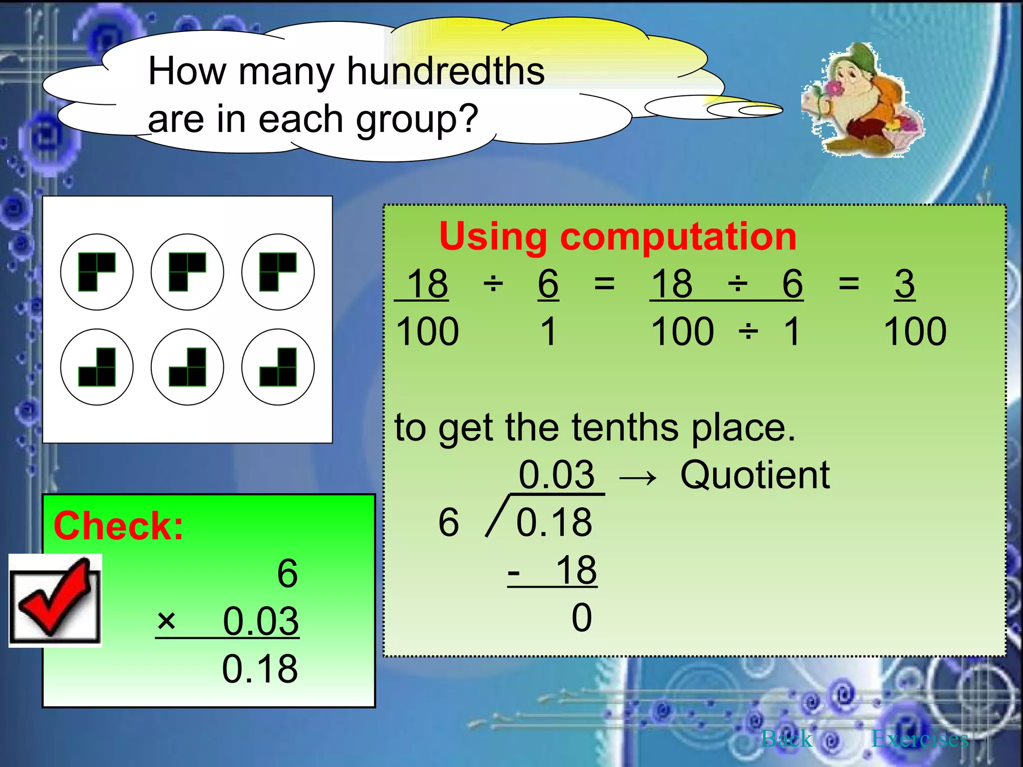 How many hundredths are in each group? Using computation 18   ÷  6   =  18  ÷  6   =  3 100  1  100  ÷  1  100 to get the tenths place.   0.03  ->  Quotient 6  0.18   -  18 0 Check:   6 ×  0.03   0.18 Back Exercises 