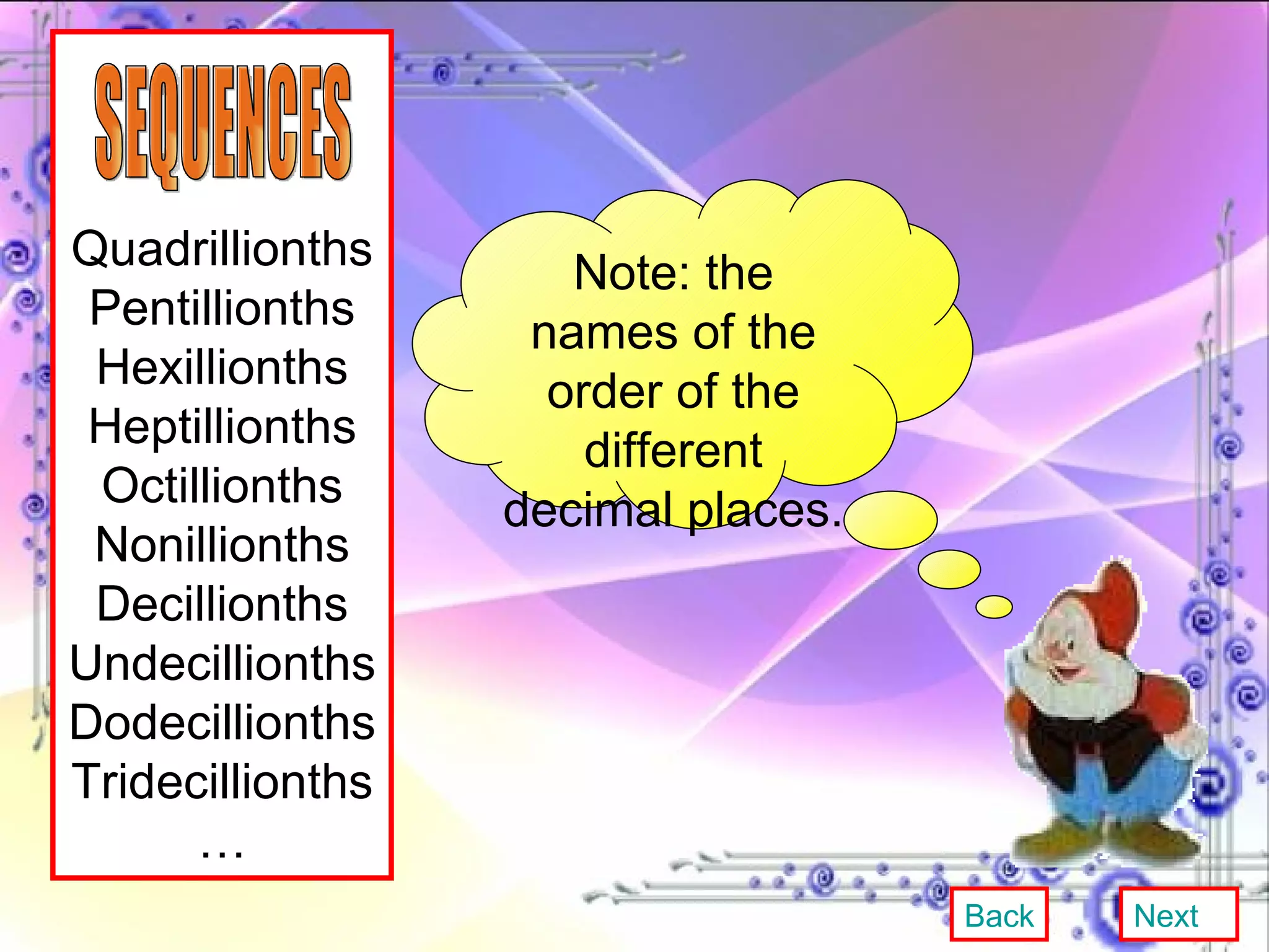 Note: the names of the order of the different decimal places. Quadrillionths Pentillionths Hexillionths Heptillionths Octillionths Nonillionths Decillionths Undecillionths Dodecillionths Tridecillionths… SEQUENCES Back Next 