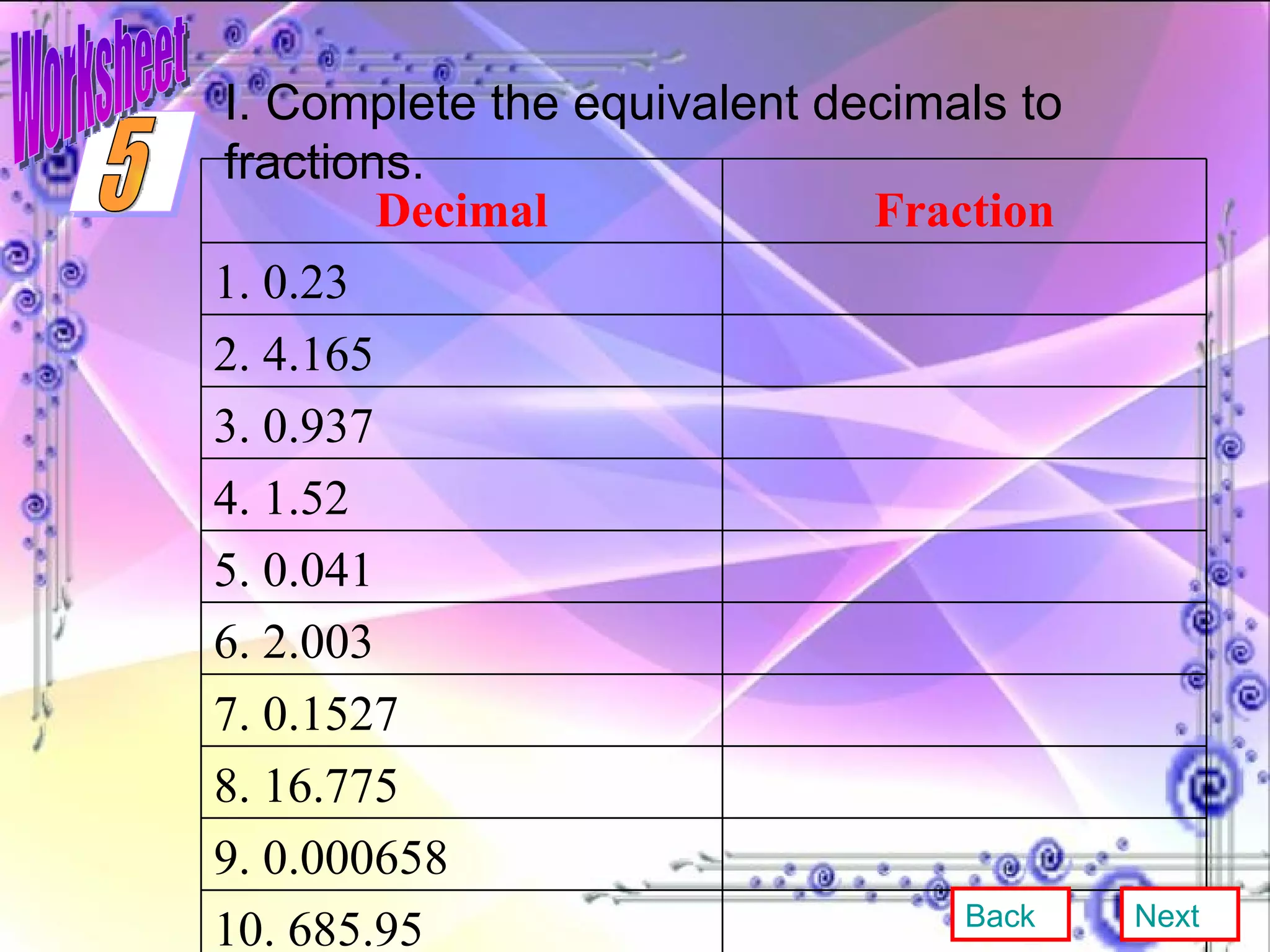 Worksheet I. Complete the equivalent decimals to fractions. Back Next 5 Decimal Fraction 1. 0.23   2. 4.165   3. 0.937   4. 1.52   5. 0.041   6. 2.003   7. 0.1527 8. 16.775   9. 0.000658   10. 685.95   