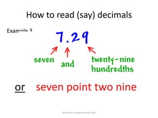 How to read (say) decimalsExample 3Reference: www.coolmath.comorseven point two nine
