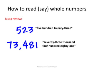 How to read (say) whole numbersJust a review:"five hundred twenty-three""seventy-three thousand four hundred eighty-one"Reference: www.coolmath.com