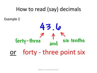 How to read (say) decimalsExample 2Reference: www.coolmath.comorforty - three point six