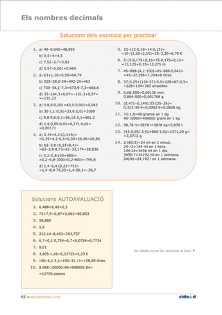 Els nombres decimals 
Solucions dels exercicis per practicar 
1. a) 49–0,045=48,955 
b) 0,5+4=4,5 
c) 7,52–3,7=3,82 
d) 0,97–0,001=0,969 
2. a) 63+1,20+0,59=64,79 
b) 520–28,0-29=492-29=463 
c) 730–56,1-7,3=673,9-7,3=666,6 
d) 33–164,3+0,07=–131,3+0,07= 
=–131,23 
3. a) 5;8,6;0,001=43,0;0,001=0,043 
b) 30;1,1:0,01=33,0:0,01=3300 
c) 9,8;9,8:0,1=96,12:0,1=961,2 
d) 1,9;0,09;0,01=0,171;0,01= 
=0,00171 
4. a) 0,39+4,2;(0,3+6)= 
=0,39+4,2;6,3=0,39+26,46=26,85 
b) 62–3,8;(0,33+8,4)= 
=62–3,8;8,73=62–33,174=28,826 
c) 0,2–0,8;(20+980)= 
=0,2–0,8;1000=0,2-800=–799,8 
d) 1,4–0,4;(0,25+75)= 
=1,4–0,4;75,25=1,4-30,1=–28,7 
62  MATEMÀTIQUES 1r ESO 
5. 10–(12;0,10+14;0,15)= 
=10–(1,20+2,10)=10–3,30=6,70 € 
6. 5;15;0,175+0,15=75;0,175+0,15= 
=13,125+0,15=13,275 m 
7. 45–888;(4,2:100)=45–888;0,042= 
=45–37,296=7,704V8 litres 
8. 57:0,25+(124-57):0,5=228+67:0,5= 
=228+134=362 ampolles 
9. 0,68:500=0,00136 mm 
0,884:500=0,001768 g 
10. (0,471–0,149):35;(35–26)= 
0,322:35;9=0,0092;9=0,0828 kg 
11. 72:1,8=40;granos en 1 dg 
40;10000=400000 grans en 1 kg 
12. 58,78 hl=5878 l=5878 kg=5,878 t 
13. (43:0,05);3,92=860;3,92=3371,20 g= 
=3,3712 g 
14. 2;(60:5)=24 ml en 1 minut. 
24;12=144 ml en 1 hora. 
144;24=3456 ml en 1 dia. 
3456;7=24192 ml en 1 setmana 
24192=24,192 l en 1 setmana. 
No oblidis enviar les activitats al tutor  
Solucions AUTOAVALUACIÓ 
1. 6,4886,496,5 
2. 72+7,9+0,87+0,063=80,833 
3. 58,880 
4. 5,9 
5. 212,14–8,403=203,737 
6. 6,7+0,1;0,724=6,7+0,0724=6,7724 
7. 0,01 
8. 3,605;1,45=5,22725V5,23 € 
9. 190–6,1;5,1=190–31,11=158,89 litres 
10. 8,988;100000:84=898800:84= 
=10700 passes 
