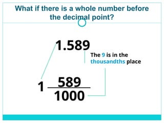 What if there is a whole number before
the decimal point?
1.589The 9 is in the
thousandths place
1000
589
1
 