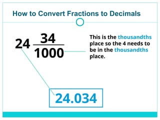 How to Convert Fractions to Decimals
1000
34
24.034
24
This is the thousandths
place so the 4 needs to
be in the thousandths
place.
 