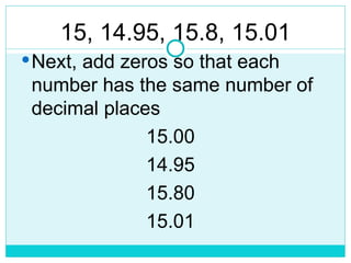 15, 14.95, 15.8, 15.01
Next, add zeros so that each
number has the same number of
decimal places
15.00
14.95
15.80
15.01
 