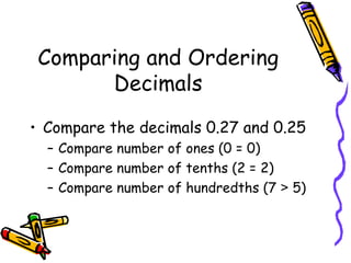 Comparing and Ordering Decimals Compare the decimals 0.27 and 0.25 Compare number of ones (0 = 0) Compare number of tenths (2 = 2) Compare number of hundredths (7  >  5) 