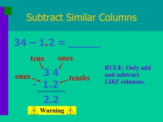 Subtract Similar Columns 34 – 1 . 2 = _____ RULE: Only add and subtract  LIKE  columns. 3 4 -  1.2 2.2 ones ones ten ths tens Warning ! ! 