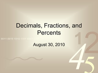 Decimals, Fractions, and Percents August 30, 2010 