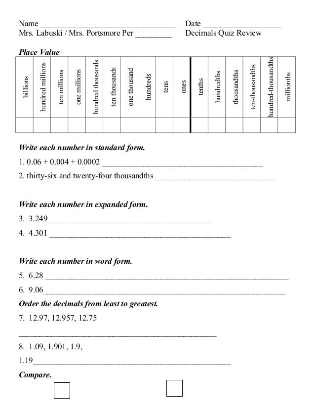 decimals quiz review thirty six thousandths in standard form