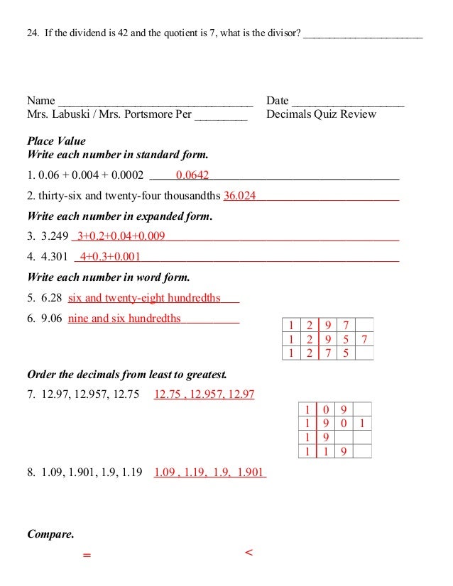 decimals quiz review thirty six thousandths in standard form