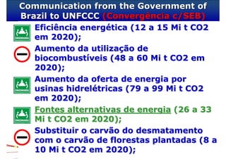 Communication from the Government of
Brazil to UNFCCC (Convergência c/SEB)
• Eficiência energética (12 a 15 Mi t CO2
   em 2020);
• Aumento da utilização de
   biocombustíveis (48 a 60 Mi t CO2 em
   2020);
• Aumento da oferta de energia por
   usinas hidrelétricas (79 a 99 Mi t CO2
   em 2020);
• Fontes alternativas de energia (26 a 33
   Mi t CO2 em 2020);
• Substituir o carvão do desmatamento
   com o carvão de florestas plantadas (8 a
   10 Mi t CO2 em 2020);
 