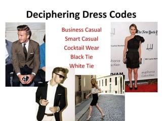 Deciphering Dress Codes
Business Casual
Smart Casual
Cocktail Wear
Black Tie
White Tie
 