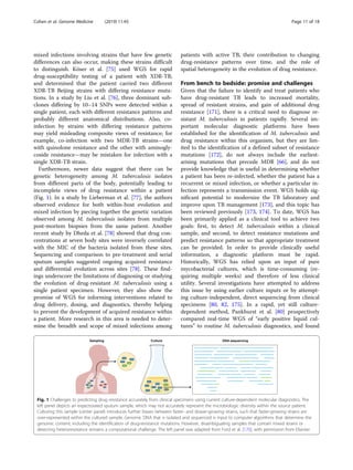 mixed infections involving strains that have few genetic
differences can also occur, making these strains difficult
to distinguish. Köser et al. [75] used WGS for rapid
drug-susceptibility testing of a patient with XDR-TB,
and determined that the patient carried two different
XDR-TB Beijing strains with differing resistance muta-
tions. In a study by Liu et al. [76], three dominant sub-
clones differing by 10–14 SNPs were detected within a
single patient, each with different resistance patterns and
probably different anatomical distributions. Also, co-
infection by strains with differing resistance patterns
may yield misleading composite views of resistance; for
example, co-infection with two MDR-TB strains—one
with quinolone resistance and the other with aminogly-
coside resistance—may be mistaken for infection with a
single XDR-TB strain.
Furthermore, newer data suggest that there can be
genetic heterogeneity among M. tuberculosis isolates
from different parts of the body, potentially leading to
incomplete views of drug resistance within a patient
(Fig. 1). In a study by Lieberman et al. [77], the authors
observed evidence for both within-host evolution and
mixed infection by piecing together the genetic variation
observed among M. tuberculosis isolates from multiple
post-mortem biopsies from the same patient. Another
recent study by Dheda et al. [78] showed that drug con-
centrations at seven body sites were inversely correlated
with the MIC of the bacteria isolated from these sites.
Sequencing and comparison to pre-treatment and serial
sputum samples suggested ongoing acquired resistance
and differential evolution across sites [78]. These find-
ings underscore the limitations of diagnosing or studying
the evolution of drug-resistant M. tuberculosis using a
single patient specimen. However, they also show the
promise of WGS for informing interventions related to
drug delivery, dosing, and diagnostics, thereby helping
to prevent the development of acquired resistance within
a patient. More research in this area is needed to deter-
mine the breadth and scope of mixed infections among
patients with active TB, their contribution to changing
drug-resistance patterns over time, and the role of
spatial heterogeneity in the evolution of drug resistance.
From bench to bedside: promise and challenges
Given that the failure to identify and treat patients who
have drug-resistant TB leads to increased mortality,
spread of resistant strains, and gain of additional drug
resistance [171], there is a critical need to diagnose re-
sistant M. tuberculosis in patients rapidly. Several im-
portant molecular diagnostic platforms have been
established for the identification of M. tuberculosis and
drug resistance within this organism, but they are lim-
ited to the identification of a defined subset of resistance
mutations [172], do not always include the earliest-
arising mutations that precede MDR [66], and do not
provide knowledge that is useful in determining whether
a patient has been re-infected, whether the patient has a
recurrent or mixed infection, or whether a particular in-
fection represents a transmission event. WGS holds sig-
nificant potential to modernize the TB laboratory and
improve upon TB management [173], and this topic has
been reviewed previously [173, 174]. To date, WGS has
been primarily applied as a clinical tool to achieve two
goals: first, to detect M. tuberculosis within a clinical
sample, and second, to detect resistance mutations and
predict resistance patterns so that appropriate treatment
can be provided. In order to provide clinically useful
information, a diagnostic platform must be rapid.
Historically, WGS has relied upon an input of pure
mycobacterial cultures, which is time-consuming (re-
quiring multiple weeks) and therefore of less clinical
utility. Several investigations have attempted to address
this issue by using earlier culture inputs or by attempt-
ing culture-independent, direct sequencing from clinical
specimens [80, 82, 175]. In a rapid, yet still culture-
dependent method, Pankhurst et al. [80] prospectively
compared real-time WGS of “early positive liquid cul-
tures” to routine M. tuberculosis diagnostics, and found
Fig. 1 Challenges to predicting drug resistance accurately from clinical specimens using current culture-dependent molecular diagnostics. The
left panel depicts an expectorated sputum sample, which may not accurately represent the microbiologic diversity within the source patient.
Culturing this sample (center panel) introduces further biases between faster- and slower-growing strains, such that faster-growing strains are
over-represented within the cultured sample. Genomic DNA that is isolated and sequenced is input to computer algorithms that determine the
genomic content, including the identification of drug-resistance mutations. However, disambiguating samples that contain mixed strains or
detecting heteroresistance remains a computational challenge. The left panel was adapted from Ford et al. [170], with permission from Elsevier
Cohen et al. Genome Medicine (2019) 11:45 Page 11 of 18
 