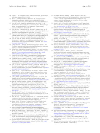 89. Gagneux S. The competitive cost of antibiotic resistance in Mycobacterium
tuberculosis. Science. 2006;312:1944–6.
90. Bergval IL, Schuitema ARJ, Klatser PR, Anthony RM. Resistant mutants of
Mycobacterium tuberculosis selected in vitro do not reflect the in vivo
mechanism of isoniazid resistance. J Antimicrob Chemother. 2009;64:515–23.
91. Ford CB, Shah RR, Maeda MK, Gagneux S, Murray MB, Cohen T, et al.
Mycobacterium tuberculosis mutation rate estimates from different lineages
predict substantial differences in the emergence of drug-resistant
tuberculosis. Nat Genet. 2013;45:784–90.
92. Ford CB, Lin PL, Chase MR, Shah RR, Iartchouk O, Galagan J, et al. Use of
whole genome sequencing to estimate the mutation rate of Mycobacterium
tuberculosis during latent infection. Nat Genet. 2011;43:482–6.
93. Papaventsis D, Casali N, Kontsevaya I, Drobniewski F, Cirillo DM, Nikolayevskyy
V. Whole genome sequencing of Mycobacterium tuberculosis for detection of
drug resistance: a systematic review. Clin Microbiol Infect. 2017;23:61–8.
94. Gygli SM, Keller PM, Ballif M, Blöchliger N, Hömke R, Reinhard M, et al.
Whole genome sequencing for drug resistance profile prediction in
Mycobacterium tuberculosis. Antimicrob Agents Chemother. 2019. https://
doi.org/10.1128/AAC.02175-18.
95. Cohen KA, El-Hay T, Wyres KL, Weissbrod O, Munsamy V, Yanover C, et al.
Paradoxical hypersusceptibility of drug-resistant Mycobacterium tuberculosis
to β-lactam antibiotics. EBioMedicine. 2016;9:170–9.
96. World Health Organization. Companion handbook to the WHO guidelines
for the programmatic management of drug-resistant tuberculosis. Geneva:
WHO; 2014. https://apps.who.int/iris/bitstream/handle/10665/130918/
9789241548809_eng.pdf?sequence=1. Accessed 9 July 2019
97. Power RA, Parkhill J, de Oliveira T. Microbial genome-wide association
studies: lessons from human GWAS. Nat Rev Genet. 2017;18:41–50.
98. Farhat MR, Freschi L, Calderon R, Ioerger T, Snyder M, Meehan CJ, et al.
Genome wide association with quantitative resistance phenotypes in
Mycobacterium tuberculosis reveals novel resistance genes and regulatory
regions. Nat Commun. 2019. https://doi.org/10.1038/s41467-019-10110-6.
99. Earle SG, Wu C-H, Charlesworth J, Stoesser N, Gordon NC, Walker TM, et al.
Identifying lineage effects when controlling for population structure
improves power in bacterial association studies. Nat Microbiol. 2016. https://
doi.org/10.1038/nmicrobiol.2016.41.
100. Jaillard M, Lima L, Tournoud M, Mahé P, van Belkum A, Lacroix V, et al. A
fast and agnostic method for bacterial genome-wide association studies:
bridging the gap between k-mers and genetic events. PLoS Genet. 2018.
https://doi.org/10.1371/journal.pgen.1007758.
101. Lees JA, Vehkala M, Välimäki N, Harris SR, Chewapreecha C, Croucher NJ, et al.
Sequence element enrichment analysis to determine the genetic basis of
bacterial phenotypes. Nat Commun. 2016. https://doi.org/10.1038/ncomms12797.
102. Alam MT, Petit RA, Crispell EK, Thornton TA, Conneely KN, Jiang Y, et al.
Dissecting vancomycin-intermediate resistance in staphylococcus aureus
using genome-wide association. Genome Biol Evol. 2014;6:1174–85.
103. Collins C, Didelot X. A phylogenetic method to perform genome-wide
association studies in microbes that accounts for population structure and
recombination. PLoS Comput Biol. 2018. https://doi.org/10.1371/journal.
pcbi.1005958.
104. Barker D, Meade A, Pagel M. Constrained models of evolution lead to
improved prediction of functional linkage from correlated gain and loss of
genes. Bioinformatics. 2007;23:14–20.
105. Hicks ND, Yang J, Zhang X, Zhao B, Grad YH, Liu L, et al. Clinically prevalent
mutations in Mycobacterium tuberculosis alter propionate metabolism and
mediate multidrug tolerance. Nat Microbiol. 2018;3:1032–42.
106. Merker M, Kohl TA, Roetzer A, Truebe L, Richter E, Rüsch-Gerdes S, et al.
Whole genome sequencing reveals complex evolution patterns of
multidrug-resistant Mycobacterium tuberculosis Beijing strains in patients.
PLoS One. 2013. https://doi.org/10.1371/journal.pone.0082551.
107. Stucki D, Gagneux S. Single nucleotide polymorphisms in Mycobacterium
tuberculosis and the need for a curated database. Tuberculosis (Edinb). 2013;93:30–9.
108. Reddy TBK, Riley R, Wymore F, Montgomery P, DeCaprio D, Engels R, et al.
TB database: an integrated platform for tuberculosis research. Nucleic Acids
Res. 2009;37:D499–508.
109. Gillespie JJ, Wattam AR, Cammer SA, Gabbard JL, Shukla MP, Dalay O, et al.
PATRIC: the comprehensive bacterial bioinformatics resource with a focus
on human pathogenic species. Infect Immun. 2011;79:4286–98.
110. Sandgren A, Strong M, Muthukrishnan P, Weiner BK, Church GM, Murray MB.
Tuberculosis drug resistance mutation database. PLoS Med. 2009. https://
doi.org/10.1371/journal.pmed.1000002.
111. Iwai H, Kato-Miyazawa M, Kirikae T, Miyoshi-Akiyama T. CASTB (the
comprehensive analysis server for the Mycobacterium tuberculosis complex):
a publicly accessible web server for epidemiological analyses, drug-
resistance prediction and phylogenetic comparison of clinical isolates.
Tuberculosis (Edinb). 2015;95:843–4.
112. Steiner A, Stucki D, Coscolla M, Borrell S, Gagneux S. KvarQ. Targeted and
direct variant calling from fastq reads of bacterial genomes. BMC Genomics.
2014. doi:https://doi.org/10.1186/1471-2164-15-881.
113. Bradley P, Gordon NC, Walker TM, Dunn L, Heys S, Huang B, et al. Rapid
antibiotic-resistance predictions from genome sequence data for
Staphylococcus aureus and Mycobacterium tuberculosis. Nat Commun. 2015.
https://doi.org/10.1038/ncomms10063.
114. Feuerriegel S, Schleusener V, Beckert P, Kohl TA, Miotto P, Cirillo DM, et al.
PhyResSE: a web tool delineating Mycobacterium tuberculosis antibiotic
resistance and lineage from whole-genome sequencing data. J Clin
Microbiol. 2015;53:1908–14.
115. Coll F, McNerney R, Preston MD, Guerra-Assunção JA, Warry A, Hill-Cawthorne G,
et al. Rapid determination of anti-tuberculosis drug resistance from whole-genome
sequences. Genome Med. 2015. https://doi.org/10.1186/s13073-015-0164-0.
116. Sekizuka T, Yamashita A, Murase Y, Iwamoto T, Mitarai S, Kato S, et al. TGS-
TB: total genotyping solution for Mycobacterium tuberculosis using short-
read whole-genome sequencing. PLoS One. 2015. https://doi.org/10.1371/
journal.pone.0142951.
117. Schleusener V, Köser CU, Beckert P, Niemann S, Feuerriegel S.
Mycobacterium tuberculosis resistance prediction and lineage classification
from genome sequencing: comparison of automated analysis tools. Sci Rep.
2017. https://doi.org/10.1038/srep46327.
118. van Beek J, Haanperä M, Smit PW, Mentula S, Soini H. Evaluation of whole
genome sequencing and software tools for drug susceptibility testing of
Mycobacterium tuberculosis. Clin Microbiol Infect. 2019;25:82–6.
119. Ngo T-M, Teo Y-Y. Genomic prediction of tuberculosis drug-resistance:
benchmarking existing databases and prediction algorithms. BMC
Bioinformatics. 2019. https://doi.org/10.1186/s12859-019-2658-z.
120. ReSeqTB. Relational sequencing TB data platform. https://platform.reseqtb.org.
Accessed 9 July 2019.
121. Starks AM, Avilés E, Cirillo DM, Denkinger CM, Dolinger DL, Emerson C, et al.
Collaborative effort for a centralized worldwide tuberculosis relational
sequencing data platform. Clin Infect Dis. 2015;61:S141–6.
122. CRyPTIC. Comprehensive Resistance Prediction for Tuberculosis: an
International Consortium. http://www.crypticproject.org. Accessed 9 July 2019.
123. Miotto P, Tessema B, Tagliani E, Chindelevitch L, Starks AM, Emerson C, et al.
A standardised method for interpreting the association between mutations
and phenotypic drug resistance in Mycobacterium tuberculosis. Eur Respir J.
2017. https://doi.org/10.1183/13993003.01354-2017.
124. Falush D, Bowden R. Genome-wide association mapping in bacteria? Trends
Microbiol. 2006;14:353–5.
125. Walker TM, Ip CL, Harrell RH, Evans JT, Kapatai G, Dedicoat MJ, et al. Whole-
genome sequencing to delineate Mycobacterium tuberculosis outbreaks: a
retrospective observational study. Lancet Infect Dis. 2013;13:137–46.
126. Guerra-Assunção J, Crampin A, Houben R, Mzembe T, Mallard K, Coll F, et al.
Large scale population-based whole genome sequencing of Mycobacterium
tuberculosis provides insights into transmission in a high prevalence area.
Elife. 2015. https://doi.org/10.7554/eLife.05166.
127. Bryant JM, Schürch AC, van Deutekom H, Harris SR, de Beer JL, de Jager V,
et al. Inferring patient to patient transmission of Mycobacterium tuberculosis
from whole genome sequencing data. BMC Infect Dis. 2013. https://doi.
org/10.1186/1471-2334-13-110.
128. Roetzer A, Diel R, Kohl TA, Rückert C, Nübel U, Blom J, et al. Whole genome
sequencing versus traditional genotyping for investigation of a
Mycobacterium tuberculosis outbreak: a longitudinal molecular
epidemiological study. PLoS Med. 2013. https://doi.org/10.1371/journal.
pmed.1001387.
129. World Health Organization. Policy guidance on drug-susceptibility testing
(DST) of second-line antituberculosis drugs. Geneva: WHO; 2008. https://
apps.who.int/iris/bitstream/handle/10665/70500/WHO_HTM_TB_2008.392_
eng.pdf?sequence=1. Accessed 9 July 2019
130. Colangeli R, Jedrey H, Kim S, Connell R, Ma S, Chippada Venkata UD, et al.
Bacterial factors that predict relapse after tuberculosis therapy. N Engl J Med.
2018;379:823–33.
131. Rinder H. Hetero-resistance: an under-recognised confounder in diagnosis
and therapy? J Med Microbiol. 2001;50:1018–20.
Cohen et al. Genome Medicine (2019) 11:45 Page 16 of 18
 