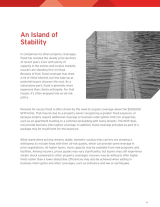 6
An Island of
Stability
In comparison to other property coverages,
flood has resisted the steady price declines
of recent years. Even with plenty of
capacity in the excess and surplus markets,
insurers are standing firm on flood.
Because of that, flood coverage may draw
a lot of initial interest, but less take-up as
potential buyers discover the cost. As a
stand-alone peril, flood is generally more
expensive than clients anticipate. For that
reason, it’s often wrapped into an all-risk
policy.
Demand for excess flood is often driven by the need to acquire coverage above the $500,000
NFIP limits. That may be due to a property owner recognizing a greater flood exposure, or
because lenders require additional coverage or business interruption limits for properties,
such as an apartment building or a commercial building with many tenants. The NFIP does
not provide business interruption coverage. In addition, flood coverage provided as part of a
package may be insufficient for the exposure.
While stand-alone pricing remains stable, domestic surplus lines carriers are showing a
willingness to include flood with their all-risk quotes, which can provide some leverage in
price negotiations. At higher layers, more capacity may be available from new programs and
facilities. Among insurers, prices quotes may vary significantly, but buyers may still experience
sticker shock compared to other property coverages. Insurers may be willing to offer higher
limits rather than a lower deductible. Efficiencies may also be achieved when adding in
business interruption and other coverages, such as ordinance and law or earthquake.
 