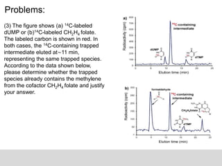 Problems:
(3) The figure shows (a) 14C-labeled
dUMP or (b)14C-labeled CH2H4 folate.
The labeled carbon is shown in red. In
both cases, the 14C-containing trapped
intermediate eluted at∼11 min,
representing the same trapped species.
According to the data shown below,
please determine whether the trapped
species already contains the methylene
from the cofactor CH2H4 folate and justify
your answer.
 