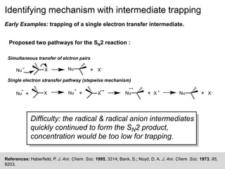 Identifying mechanism with intermediate trapping
References: Haberfield, P. J. Am. Chem. Soc. 1995, 3314; Bank, S.; Noyd, D. A. J. Am. Chem. Soc. 1973, 95,
8203.
Proposed two pathways for the SN2 reaction :
Nu X-X Nu +
Simultaneous transfer of elctron pairs
Single electron stransfer pathway (stepwise mechanism)
XNu +Nu X Nu+ X+ X-Nu +
Difﬁculty: the radical & radical anion intermediates
quickly continued to form the SN2 product,
concentration would be too low for trapping.
Early Examples: trapping of a single electron transfer intermediate.
 