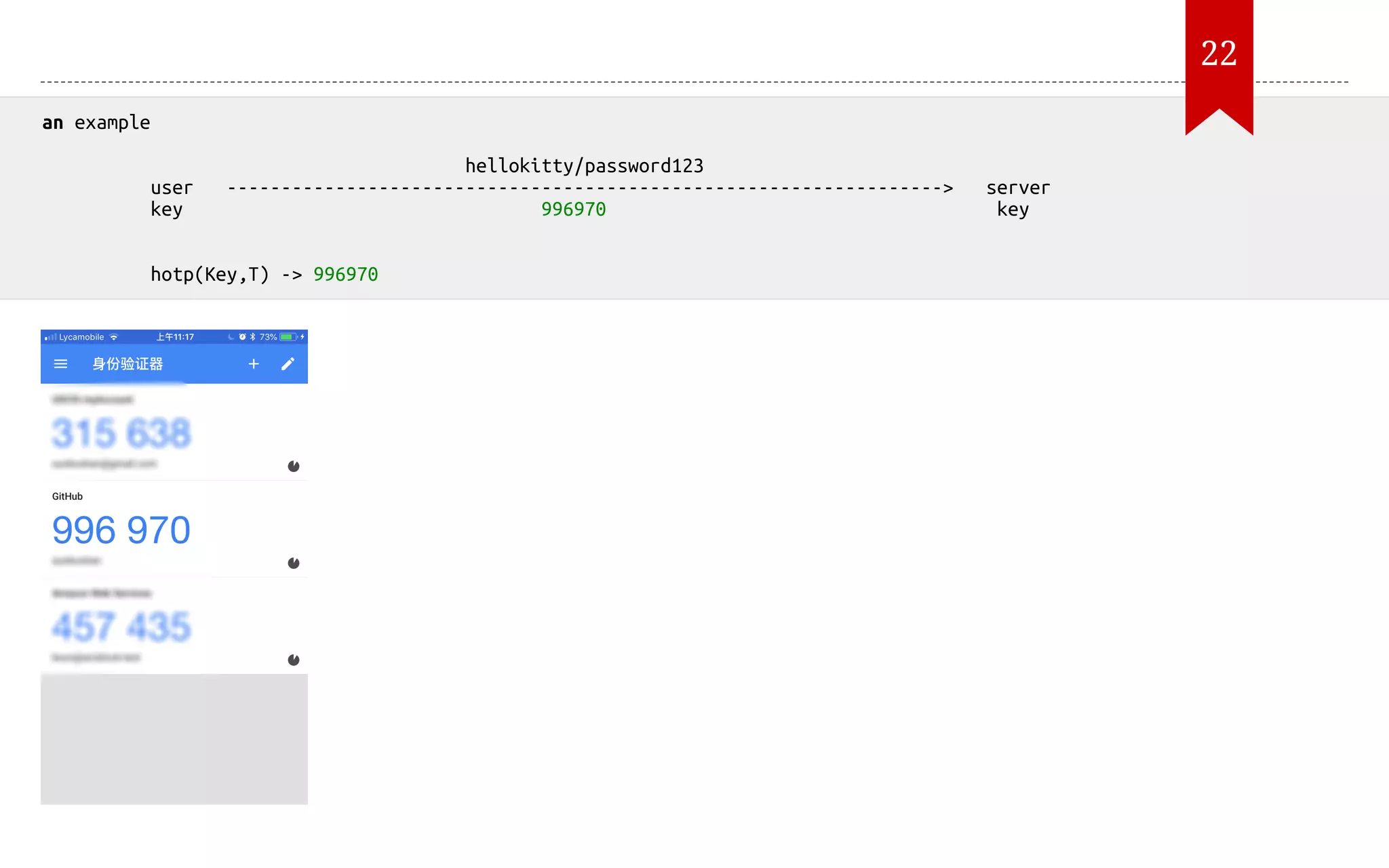 an example hellokitty/password123 user ------------------------------------------------------------------> server key 996970 key hotp(Key,T) -> 996970 22 