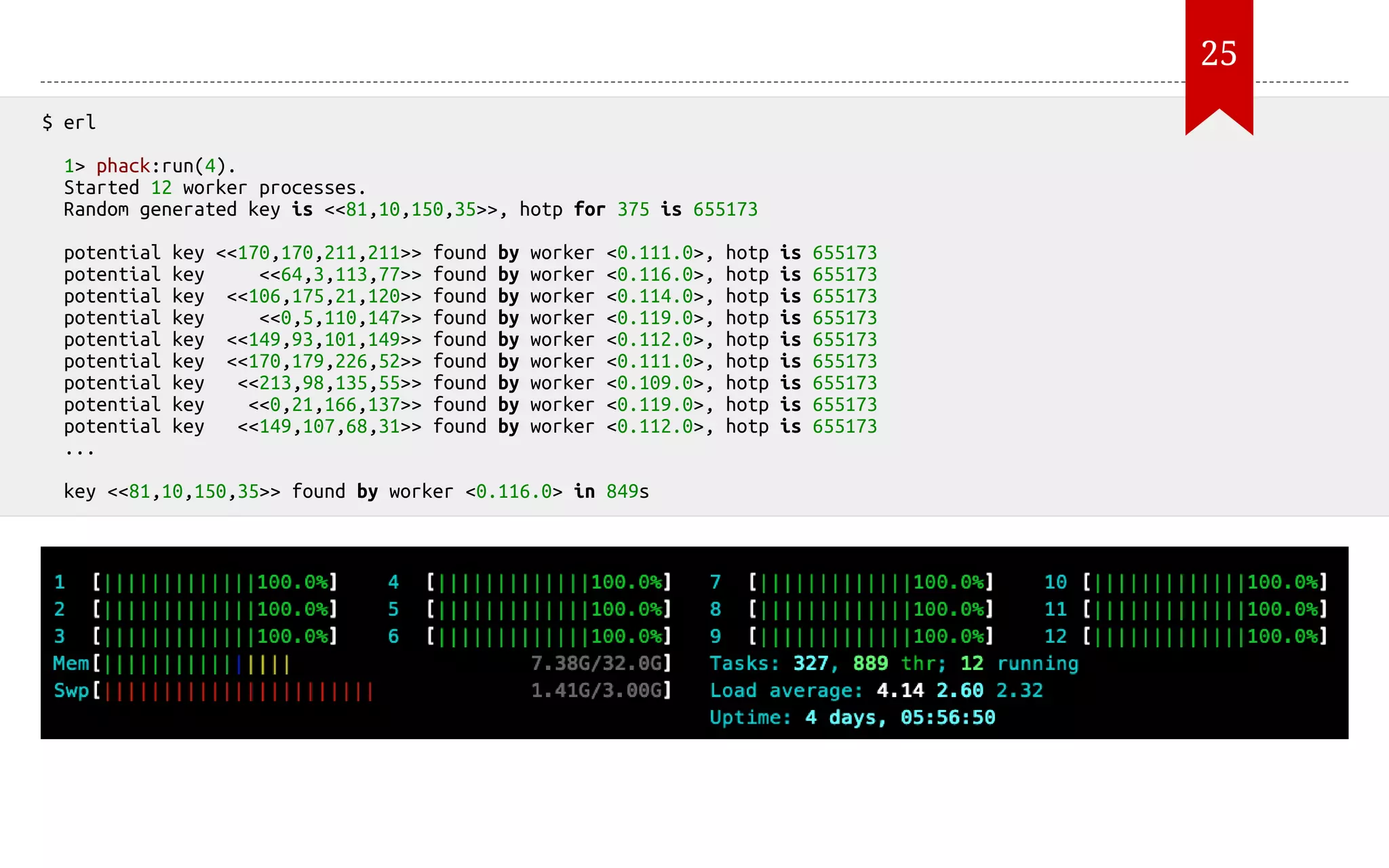 $ erl 1> phack:run(4). Started 12 worker processes. Random generated key is <<81,10,150,35>>, hotp for 375 is 655173 potential key <<170,170,211,211>> found by worker <0.111.0>, hotp is 655173 potential key <<64,3,113,77>> found by worker <0.116.0>, hotp is 655173 potential key <<106,175,21,120>> found by worker <0.114.0>, hotp is 655173 potential key <<0,5,110,147>> found by worker <0.119.0>, hotp is 655173 potential key <<149,93,101,149>> found by worker <0.112.0>, hotp is 655173 potential key <<170,179,226,52>> found by worker <0.111.0>, hotp is 655173 potential key <<213,98,135,55>> found by worker <0.109.0>, hotp is 655173 potential key <<0,21,166,137>> found by worker <0.119.0>, hotp is 655173 potential key <<149,107,68,31>> found by worker <0.112.0>, hotp is 655173 ... key <<81,10,150,35>> found by worker <0.116.0> in 849s 25 
