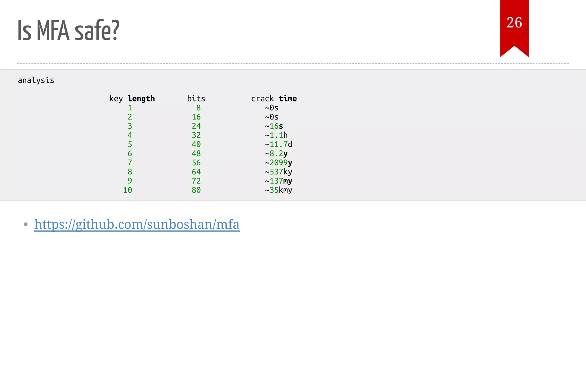 Is MFA safe? • https://github.com/sunboshan/mfa analysis key length bits crack time 1 8 ~0s 2 16 ~0s 3 24 ~16s 4 32 ~1.1h 5 40 ~11.7d 6 48 ~8.2y 7 56 ~2099y 8 64 ~537ky 9 72 ~137my 10 80 ~35kmy 26 