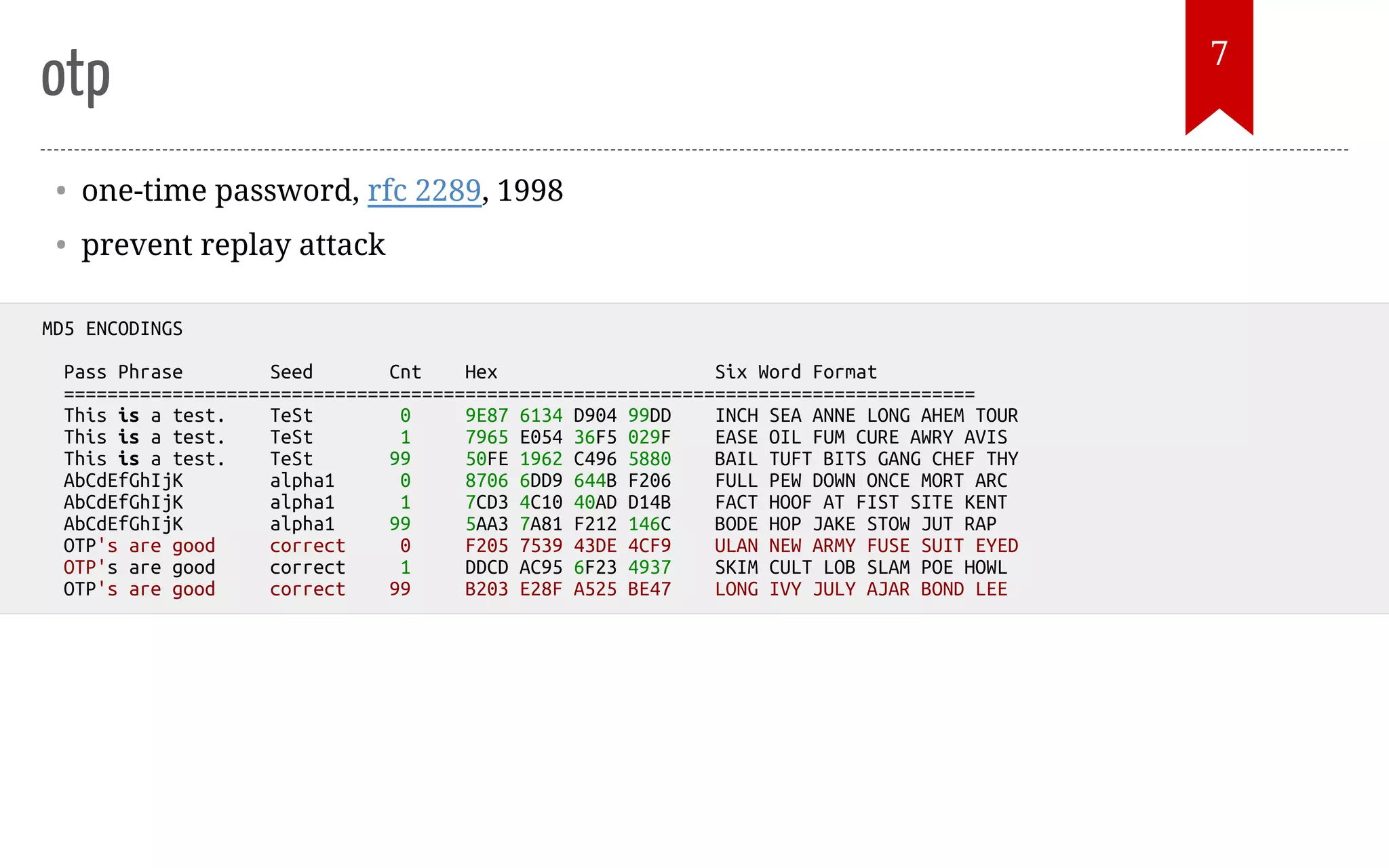 otp • one-time password, rfc 2289, 1998 • prevent replay attack MD5 ENCODINGS Pass Phrase Seed Cnt Hex Six Word Format ==================================================================================== This is a test. TeSt 0 9E87 6134 D904 99DD INCH SEA ANNE LONG AHEM TOUR This is a test. TeSt 1 7965 E054 36F5 029F EASE OIL FUM CURE AWRY AVIS This is a test. TeSt 99 50FE 1962 C496 5880 BAIL TUFT BITS GANG CHEF THY AbCdEfGhIjK alpha1 0 8706 6DD9 644B F206 FULL PEW DOWN ONCE MORT ARC AbCdEfGhIjK alpha1 1 7CD3 4C10 40AD D14B FACT HOOF AT FIST SITE KENT AbCdEfGhIjK alpha1 99 5AA3 7A81 F212 146C BODE HOP JAKE STOW JUT RAP OTP's are good correct 0 F205 7539 43DE 4CF9 ULAN NEW ARMY FUSE SUIT EYED OTP's are good correct 1 DDCD AC95 6F23 4937 SKIM CULT LOB SLAM POE HOWL OTP's are good correct 99 B203 E28F A525 BE47 LONG IVY JULY AJAR BOND LEE 7 