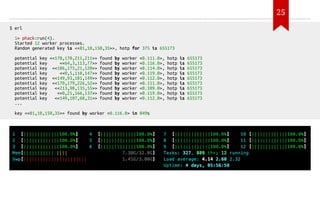 $ erl
1> phack:run(4).
Started 12 worker processes.
Random generated key is <<81,10,150,35>>, hotp for 375 is 655173
potential key <<170,170,211,211>> found by worker <0.111.0>, hotp is 655173
potential key <<64,3,113,77>> found by worker <0.116.0>, hotp is 655173
potential key <<106,175,21,120>> found by worker <0.114.0>, hotp is 655173
potential key <<0,5,110,147>> found by worker <0.119.0>, hotp is 655173
potential key <<149,93,101,149>> found by worker <0.112.0>, hotp is 655173
potential key <<170,179,226,52>> found by worker <0.111.0>, hotp is 655173
potential key <<213,98,135,55>> found by worker <0.109.0>, hotp is 655173
potential key <<0,21,166,137>> found by worker <0.119.0>, hotp is 655173
potential key <<149,107,68,31>> found by worker <0.112.0>, hotp is 655173
...
key <<81,10,150,35>> found by worker <0.116.0> in 849s
25
 