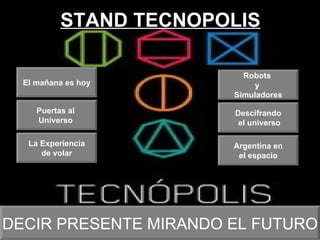 STAND TECNOPOLIS El mañana es hoy Puertas al  Universo  La Experiencia de volar Robots  y  Simuladores Descifrando el universo Argentina en el espacio DECIR PRESENTE MIRANDO EL FUTURO 