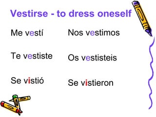 Vestirse - to dress oneself
Me vestí      Nos vestimos

Te vestiste   Os vestisteis

Se vistió     Se vistieron
 