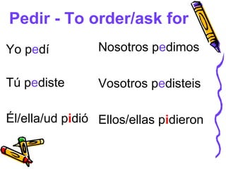 Pedir - To order/ask for
Yo pedí          Nosotros pedimos

Tú pediste       Vosotros pedisteis

Él/ella/ud pidió Ellos/ellas pidieron
 