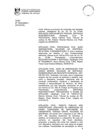 ESTADO DO RIO GRANDE DO SUL
      PODER JUDICIÁRIO
      TRIBUNAL DE JUSTIÇA



CEZD
Nº 70053489811
2013/CÍVEL

                              inicial. Ofensa ao princípio da motivação das decisões
                              judiciais. Inteligência do art. 93, IX, da CF/88.
                              APELAÇÃO PARCIALMENTE PROVIDA. SENTENÇA
                              DESCONSTITUÍDA.            (Apelação      Cível     Nº
                              70047255278, Oitava Câmara Cível, Tribunal de
                              Justiça do RS, Relator: Ricardo Moreira Lins Pastl,
                              Julgado em 28/06/2012)

                              APELAÇÃO CÍVEL. PROCESSUAL CIVIL. AÇÃO
                              INDENIZATÓRIA. NULIDADE DA SENTENÇA.
                              RELATÓRIO. FUNDAMENTAÇÃO. É nula a sentença
                              desprovida de relatório e com fundamentação
                              deficiente. Ofensa ao art. 458 do CPC e art. 93, inc. IX,
                              da       CF/88.     Precedentes       jurisprudenciais.
                              DESCONSTITUÍRAM A SENTENÇA. (Apelação Cível
                              Nº 70034666701, Nona Câmara Cível, TJRS, Relator
                              Tasso Caubi Soares Delabary, 09/06/2010)

                              APELAÇÃO CÍVEL. AÇÃO DE INDENIZAÇÃO POR
                              DANOS MORAIS. NULIDADE DA SENTENÇA.
                              INOBSERVÂNCIA DE REQUISITO ESSENCIAL. ART.
                              458 DO CPC. Verificado, nos autos, que o magistrado
                              singular não fez constar na sentença o relatório, bem
                              como o dispositivo completo, carecendo esta de
                              comando condenatório, impõe-se a declaração de
                              nulidade e desconstituição do decisum, de ofício,
                              considerando que são requisitos essenciais do ato,
                              nos termos do art. 458 do Código de Processo Civil.
                              Precedentes        jurisprudenciais.     SENTENÇA
                              DESCONSTITUÍDA. PREJUDICADO O EXAME DA
                              APELAÇÃO. (Apelação Cível Nº 70050127182,
                              Décima Câmara Cível, Tribunal de Justiça do RS,
                              Relator: Paulo Roberto Lessa Franz, Julgado em
                              31/07/2012)

                              APELAÇÃO CÍVEL. DIREITO PÚBLICO NÃO
                              ESPECIFICADO. EXECUÇÃO DE OBRIGAÇÃO DE
                              FAZER. CONCESSÃO DE GRATUIDADE DE
                              TRANSPORTE. DOENÇA GRAVE. NULIDADE DA
                              SENTENÇA. De acordo com o disposto no art. 458 do
                              CPC, são requisitos essenciais da sentença: o
                              relatório, os fundamentos e o dispositivo. No caso em
                              comento, os requisitos não foram atendidos,
                              porquanto, a decisão não conta com relatório e nem
                              com dispositivo. Sentença com vício capaz de ensejar
                              sua nulidade. Possibilidade de decretação ex officio;
                                                                                     4
 