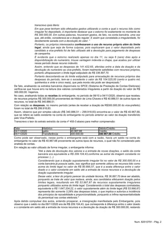 transcrevo ipsis literis:
Em que pese tenham sido efetuados gastos utilizando a conta a qual o recurso tido como
irregular foi depositado, é importante destacar que o estorno foi exatamente no montante de
R$ 300.000,00. Em outras palavras, houveram gastos, de fato, na conta bancária, uma vez
que, até então, considerava-se a doação regular. E assim que constatada a irregularidade, foi
devidamente sanada com a devolução do valor. ”
Portanto, os próprios interessados confessaram o uso de recurso próprio além do limite
legal, ainda que seja de forma culposa, pois explicaram que o valor depositado pelo
candidato a vice-prefeito foi de fato utilizado até a devolução para pagamento de despesas
de campanha.
É evidente que o estorno realizado apenas no dia 11, ou seja 6 (seis) dias após a
disponibilização do numerário, trouxe vantagem indevida a chapa, que acabou por utilizar
nesse período desse recurso indevido.
Assim, entendo que as despesas de 141.422,65, aferidas entre a data da doação e da
devolução do numerário ao vice-prefeito, foram realmente satisfeitas com recursos próprios,
portanto ultrapassaram o limite legal estipulado de R$ 336.897,70.
Portanto descontando-se do limite estipulado para arrecadação de recursos próprios das
despesas do período, tem-se o excedente o valor de R$ 104.525,00 (cento e quatro mil,
quinhentos e vinte e cinco reais), que pela monta não pode ser desprezado.”
De fato, analisando os extratos bancários disponíveis no SPCE (Sistema de Prestação de Contas Eleitorais)
verifica-se que houve erro na leitura dos valores considerados irregulares a partir da doação do valor de R$
300.000,00. Vejamos.
No caso, analisando todas as receitas do embargante, no período de 08/10 a 04/11/2020, observo que recebeu
de recursos próprios R$ 300.000,00 provenientes de Hildon de Lima Chaves e R$ 40.886,51 de outros tipos de
recursos, no total de R$ 340.886,51.
Com relação as despesas, no mesmo período (antes de receber a doação de R$300.000,00 do vice-prefeito)
foram no total de R$ 299.918,83.
Assim, observo que por simples cálculo (R$ 340.886,51 – 299.918,83) encontra-se o valor de R$ 40.967,68,
que se refere ao saldo existente na conta do embargante no período anterior ao valor da doação transferido
pelo Vice-Prefeito.
Transcrevo o teor do extrato extraído da conta nº 455-3 abaixo para melhor compreensão:
Data Histórico valor Débito/Crédito
04/11/2020 saldo 40.967,68 Crédito
05/11/2020 Transferência 300.000,00 340.967,68 Crédito
Como pode ser observado, nesse ponto o embargante está com a razão, havia um saldo na conta do
embargante no valor de R$ 40.967,68 proveniente de outros tipos de recursos, o qual não foi considerado pelo
analista de contas.
Em relação ao valor utilizado de forma irregular, o embargante informa:
"Até a data de devolução dos valores e a entrada de novas doações, o saldo da conta
bancária era equivalente a R$ 209.104,43,conforme se extrai da imagem constante no
processo: (...)
Considerando que a doação supostamente irregular foi no valor de R$ 300.000,00 e a
conta bancária já possuía saldo, isso significa que somente utilizou-se recursos tido como
acima do limite legal no valor de R$ 90.895,57, que é a exata diferença entre o valor
doado e o valor constante em saldo até a entrada de novos recursos e a devolução da
doação supostamente irregular.
Desse valor, a teor do próprio parecer da unidade técnica, R$ 36.897,70 deve ser abatido,
porquanto se trate de valor que restava, ainda, aos candidatos efetuarem doação pelos
limites legais, resultando em R$ 53.997,87 de recursos supostamente irregulares
porquanto utilizados acima do limite legal. Considerando o total das despesas contratadas,
equivalente a R$ 1.647,334,22, o valor supostamente além do limite legal (R$ 53.998,87)
representa tão somente 3,28% das despesas totais, o que implica e autoriza a incidência
dos princípios da razoabilidade e proporcionalidade, porquanto a ínfima representatividade
do percentual nas contas eleitorais."
Após detido compulsar dos autos, entendo prosperar, a irresignação manifestada pelo Embargante, pois
observo que o saldo no dia 09/11/2020 era de R$ 209.104,43, que corresponde à diferença entre o valor doado
e o constante em saldo até a entrada de novos recursos e a devolução da doação de R$ 300.000,00, restando
Num. 82510791 - Pág. 2
 