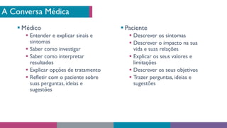 A Conversa Médica
§ Médico
§ Entender e explicar sinais e
sintomas
§ Saber como investigar
§ Saber como interpretar
resultados
§ Explicar opções de tratamento
§ Refletir com o paciente sobre
suas perguntas, ideias e
sugestões
§ Paciente
§ Descrever os sintomas
§ Descrever o impacto na sua
vida e suas relações
§ Explicar os seus valores e
limitações
§ Descrever os seus objetivos
§ Trazer perguntas, ideias e
sugestões
 