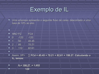 Exemplo de ILExemplo de IL
 Uma empresa apresenta o seguinte fluxo de caixa, descontado a umaUma empresa apresenta o seguinte fluxo de caixa, descontado a uma
taxa de 10% ao ano.taxa de 10% ao ano.

 ANOANO FCFC FCdFCd
 00 -120-120 -120-120
 11 5050 45.4545.45
 22 8585 70.2170.21
 33 110110 82.6182.61

 Assim, VP=Assim, VP= ∑ FCd = 45.45 + 70.21 + 82.61 = 198.27. Calculando o∑ FCd = 45.45 + 70.21 + 82.61 = 198.27. Calculando o
IL, temos:IL, temos:
 IL=IL= 198,27198,27 = 1,652= 1,652
 120120
 
