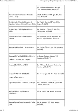 Rua Aureliano Domingues, 180, apto.
1501, Jardim Beira Rio, Recife/PE
Residência de José Roberto Moura dos
Santos Accioly
Estrada das Ubaias, 685, apto. 501, Casa
Forte, Recife/PE
Residência de Sebastião Figueiroa de
Siqueira e Fabiana Cristina Oliveira Rabin
Rua Vigário Barreto, 127, apt. 1002,
Graças, Recife/PE
Residência de Fábio Ricardo Oliveira
Rabin
Rua Quarenta e Oito, 895, apto. 302,
Encruzilhada, Recife/PE
Residência de Ivana Elen Rodrigues
Ferreira
Rua Guilherme Salazar, 150, apto. 401,
Bloco E, Poço da Panela, Recife/PE
Sede da AJS Comércio e Representação Rua Escritor Álvaro Lins, 108, Afogados,
Recife/PE
Sede da UNIPAUTA FORMULÁRIOS e
GRÁFICA E EDITORA CANAÃ
Av. Doutor Joaquim Nabuco, 799,
Varadouro, Olinda/PE
Sede da GRÁFICA A ÚNICA Rua Valdemar Paulino dos Santos, 54,
Varadouro, Olinda/PE
Sede da RACS COMÉRCIO DE
INFORMÁTICA LTDA.
Rua do Sossego, 361, Boa Vista, Recife/PE
Suposta sede da J.A. Comércio e Serviços Rua Conselheiro Silveira de Souza, 565,
Cordeiro, Recife/PE
Sede da Arquivo Digital Gestão
Documental
Rua do Futuro, 564, Aflitos, Recife/PE
Sede da Gráfica Nossa Senhora da Penha
Ltda.
Rua do Sossego, 725, Santo Amaro,
Recife/PE
Processo Judicial Eletrônico: https://pje.jfpe.jus.br/pje/Painel/painel_usuario/documentoHTML.sea...
4 de 17 16/06/2020 11:30
 