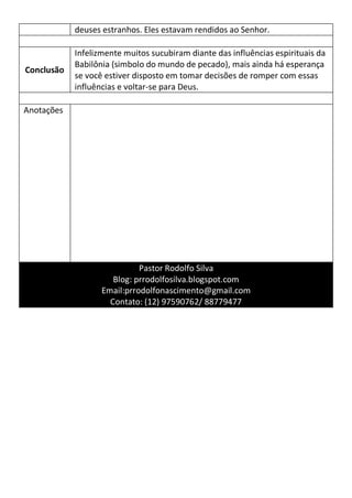 deuses estranhos. Eles estavam rendidos ao Senhor.

            Infelizmente muitos sucubiram diante das influências espirituais da
            Babilônia (simbolo do mundo de pecado), mais ainda há esperança
Conclusão
            se você estiver disposto em tomar decisões de romper com essas
            influências e voltar-se para Deus.

Anotações




                             Pastor Rodolfo Silva
                      Blog: prrodolfosilva.blogspot.com
                   Email:prrodolfonascimento@gmail.com
                     Contato: (12) 97590762/ 88779477
 