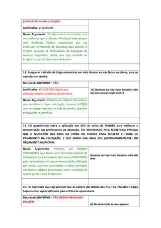 prévia da forma deste Projeto.
Justificativa: prejudicado
Nosso Argumento: Parabenizamos a iniciativa, mas
concordamos que a Câmara Municipal deve propor
uma Audiência Pública capitaneada por sua
Comissão Permanente de Educação para debater o
Projeto, ouvindo os Profissionais da Educação de
Guarujá. Sugerimos, ainda, que seja inserido no
Projeto o cargo de Supervisor de Ensino.

13. Assegurar o direito de folga-aniversário em mês diverso ao das férias escolares, para os
nascidos em janeiro.
Decisão do GOVERNO – NÃO
Justificativa: O GOVERNO alegou que
descaracterizaria a essência do benefício.

(c) Queremos que haja maior discussão sobre
este tema, para aprovação em 2014.

Nosso Argumento: Pedimos aos Nobres Vereadores
que atendam à nossa solicitação, fazendo JUSTIÇA
com os colegas nascidos no mês de janeiro, que têm
prejuízo deste benefício.

14. Foi questionado sobre a aplicação dos 60% da verba do FUNDEB para melhorar a
remuneração dos profissionais da educação. FOI INFORMADO PELA SECRETÁRIA PRISCILA
QUE O MUNICÍPIO USA 100% DA VERBA DO FUNDEB PARA CUSTEAR A FOLHA DE
PAGAMENTO DA EDUCAÇÃO, E QUE AINDA USA MAIS 15% (APROXIMADAMENTE) DO
ORÇAMENTO MUNICIPAL.
Nosso Argumento: Pedimos aos NOBRES
VEREADORES que façam uma Comissão Especial de
Queremos que haja maior discussão sobre este
Vereadores para estudarem este tema, PRIORITÁRIO tema.
para avançarmos em nossa remuneração, defasada
por perdas salariais acumuladas e pelas correções
das tabelas salariais processadas com a mudança do
regime jurídico para Estatutário.

16. Foi solicitado que seja possível que os valores das dobras das P1s, FGs, Projetos e Carga
Suplementar sejam utilizados para efeitos de aposentaria.
Decisão do GOVERNO – NÃO DERAM NENHUMA
DECISÃO

(a) Não abrimos mão de nossa proposta.

 