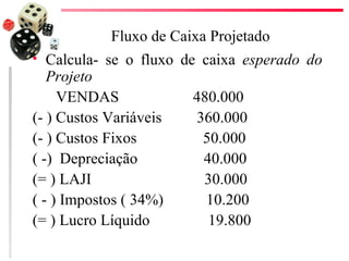 Fluxo de Caixa Projetado
  Calcula- se o fluxo de caixa esperado do
   Projeto
     VENDAS              480.000
(- ) Custos Variáveis    360.000
(- ) Custos Fixos         50.000
( -) Depreciação          40.000
(= ) LAJI                 30.000
( - ) Impostos ( 34%)      10.200
(= ) Lucro Líquido         19.800
 