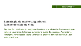 Estratégia do marketing mix em
função do ciclo de vida
Na fase de crescimento a empresa visa obter a preferência dos consumidores
sobre a sua marca de forma a aumentar a quota de mercado. Aumentar e
reforçar a notoriedade sobre a marca e o produto também continua a ser
uma prioridade.
crescimento
 
