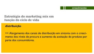 distribuição
>> Alargamento dos canais de distribuição em sintonia com o cresci-
mento dos níveis de procura e aumento da aceitação do produto por
parte dos consumidores.
crescimento
Estratégia do marketing mix em
função do ciclo de vida
 