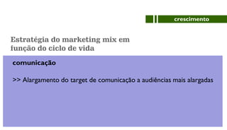 comunicação
>> Alargamento do target de comunicação a audiências mais alargadas
crescimento
Estratégia do marketing mix em
função do ciclo de vida
 