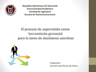 Republica Bolivariana de Venezuela
    Vicerrectorado Académico
      Facultad de Ingeniería
  Escuela de Telecomunicaciones




                          Integrante:
                          Samuel José Porras de Pedro
 