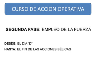 CURSO DE ACCION OPERATIVA


SEGUNDA FASE: EMPLEO DE LA FUERZA


DESDE: EL DIA “D”
HASTA: EL FIN DE LAS ACCIONES BÉLICAS
 