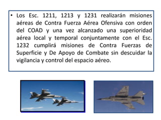 • Los Esc. 1211, 1213 y 1231 realizarán misiones
  aéreas de Contra Fuerza Aérea Ofensiva con orden
  del COAD y una vez alcanzado una superioridad
  aérea local y temporal conjuntamente con el Esc.
  1232 cumplirá misiones de Contra Fuerzas de
  Superficie y De Apoyo de Combate sin descuidar la
  vigilancia y control del espacio aéreo.
 
