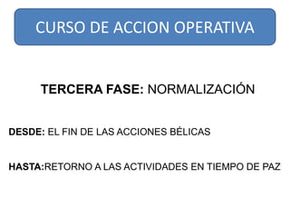 CURSO DE ACCION OPERATIVA


     TERCERA FASE: NORMALIZACIÓN


DESDE: EL FIN DE LAS ACCIONES BÉLICAS


HASTA:RETORNO A LAS ACTIVIDADES EN TIEMPO DE PAZ
 