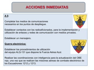 A 5:

Completar los medios de comunicaciones
necesarios en los puntos de despliegue.

Establecer contactos con los radioaficionados, para la implementación y
utilización de enlaces y redes de comunicación con medios privados.

Establecer un mensajero.

Guerra electrónica:

Establecer los procedimientos de utilización
del equipo ALQ-131 que dispone la Fuerza Aérea Azul.

Realizar las coordinaciones con inteligencia para la actualización del OBE
rojo, una vez que se realicen las misiones aéreas de combate electrónico de
los Escuadrones 1212 y 1213.
 