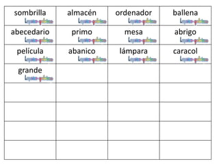 sombrilla almacén ordenador ballena
abecedario primo mesa abrigo
película abanico lámpara caracol
grande
 